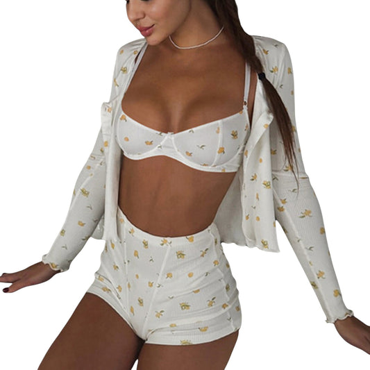 3-Piece Floral Print Loungewear Set with Bra Top, High-Waisted Shorts, and Long Sleeve Cardigan