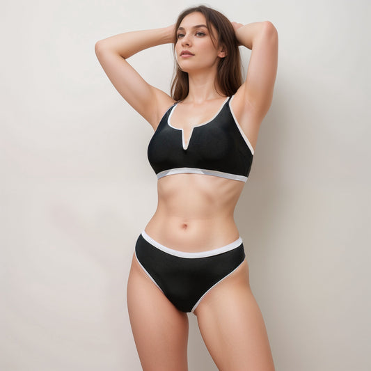 Swim Women's Contrast Trim High Waist Bikini Set with V Notch Neckline and Full Coverage Bottoms