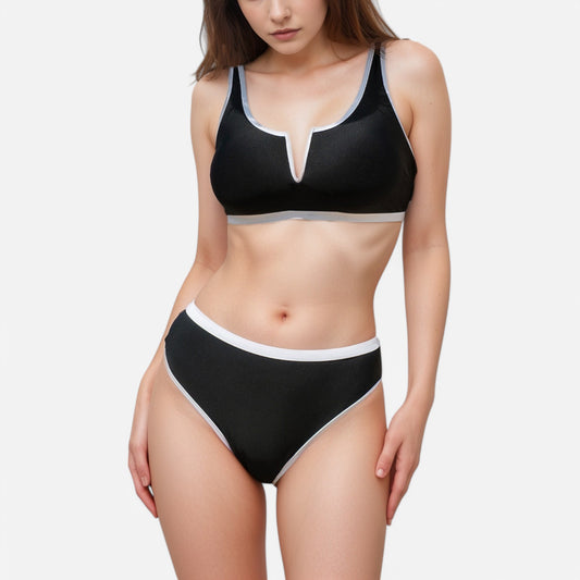 Swim Women's Contrast Trim High Waist Bikini Set with V Notch Neckline and Full Coverage Bottoms