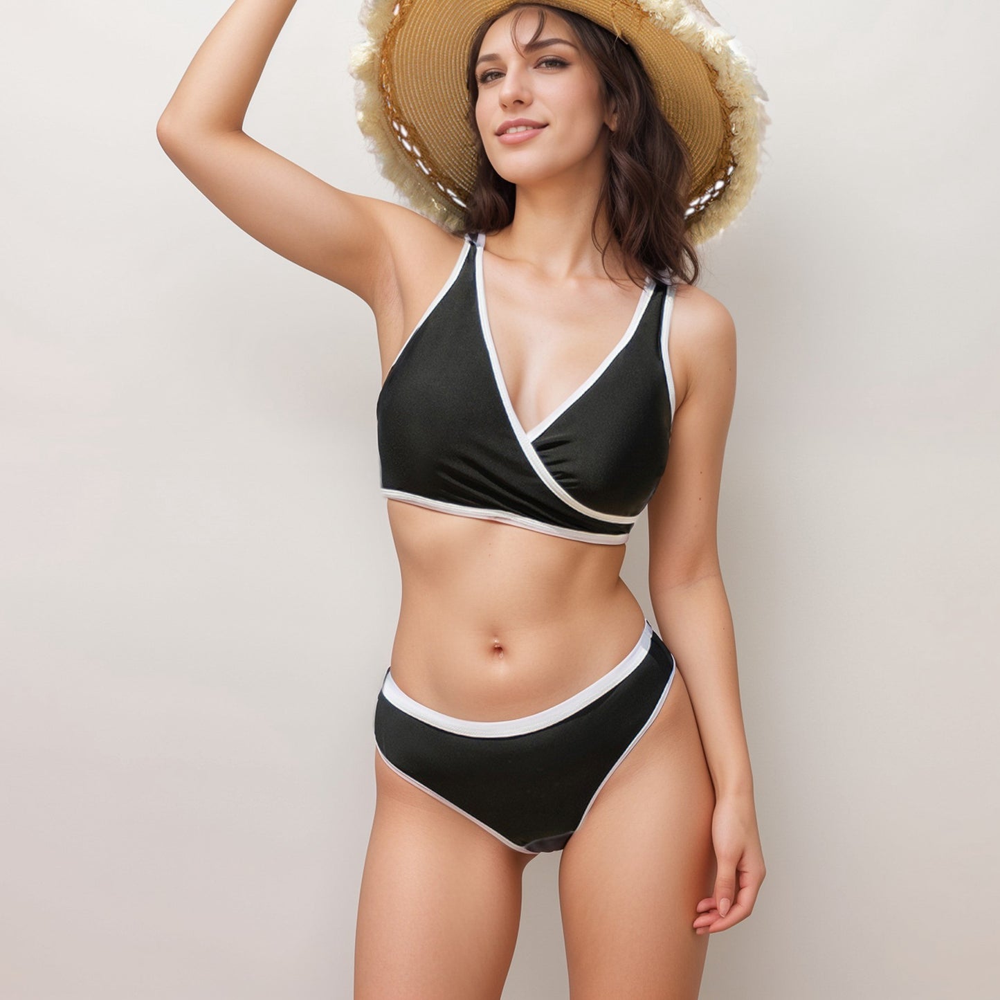 Swim Women's Two Piece Bikini Set with Contrast Trim and Wrap Front Top