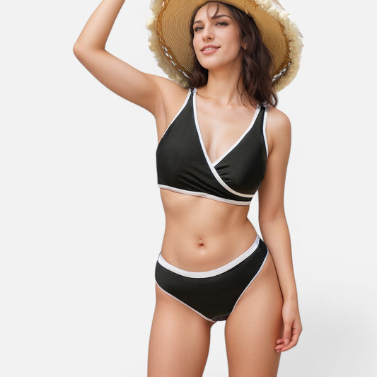 Swim Women's Two Piece Bikini Set with Contrast Trim and Wrap Front Top