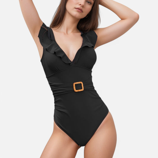 Swim Women's Ruffle Trim One Piece Swimsuit with Deep V Neckline and Decorative Belt Detail