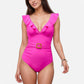 Swim Women's Ruffle Trim One Piece Swimsuit with Deep V Neckline and Decorative Belt Detail