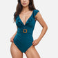 Swim Women's Ruffle Trim One Piece Swimsuit with Deep V Neckline and Decorative Belt Detail