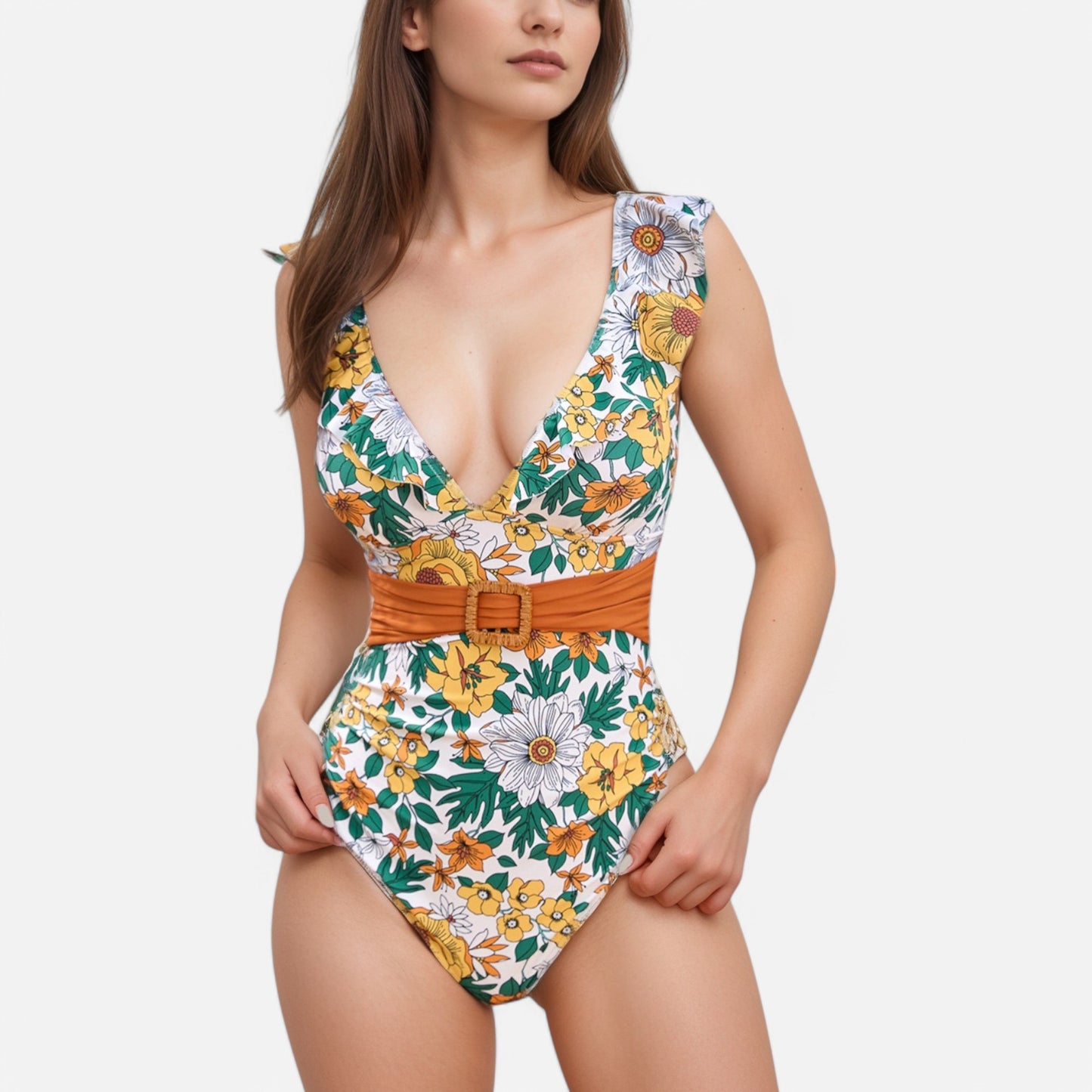 Swim Women's Ruffle Trim One Piece Swimsuit with Deep V Neckline and Decorative Belt Detail