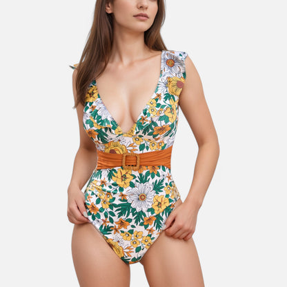 Swim Women's Ruffle Trim One Piece Swimsuit with Deep V Neckline and Decorative Belt Detail