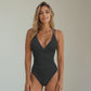 Swim Women's Ruched Deep V One-Piece Swimsuit with Double Strap Design and Twist Front Detail