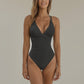 Swim Women's Ruched Deep V One-Piece Swimsuit with Double Strap Design and Twist Front Detail