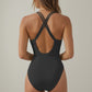 Swim Women's Ruched Deep V One-Piece Swimsuit with Double Strap Design and Twist Front Detail