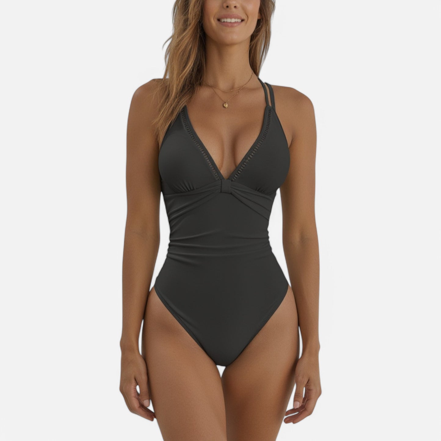 Swim Women's Ruched Deep V One-Piece Swimsuit with Double Strap Design and Twist Front Detail