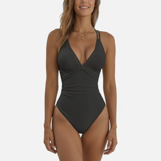 Swim Women's Ruched Deep V One-Piece Swimsuit with Double Strap Design and Twist Front Detail