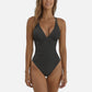 Swim Women's Ruched Deep V One-Piece Swimsuit with Double Strap Design and Twist Front Detail