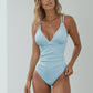 Swim Women's Ruched Deep V One-Piece Swimsuit with Double Strap Design and Twist Front Detail