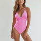 Swim Women's Ruched Deep V One-Piece Swimsuit with Double Strap Design and Twist Front Detail