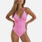 Swim Women's Ruched Deep V One-Piece Swimsuit with Double Strap Design and Twist Front Detail