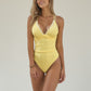 Swim Women's Ruched Deep V One-Piece Swimsuit with Double Strap Design and Twist Front Detail