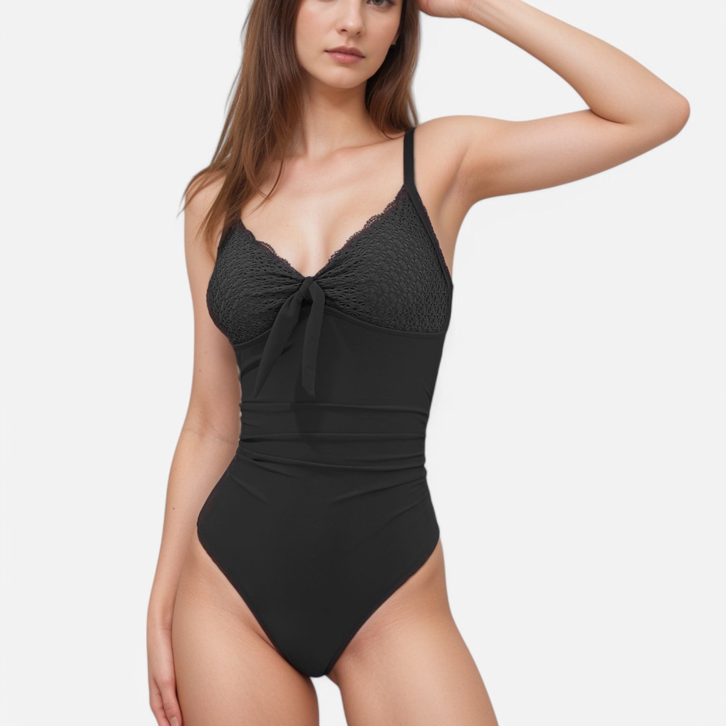 Swim Women's One Piece Swimsuit with Textured Bodice Front Tie Detail and Ruched Waist