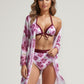 Swim Women's 3 Piece Floral Print Swimsuit Set with High Waist Bikini Bottoms Tie Front Top and Cover Up