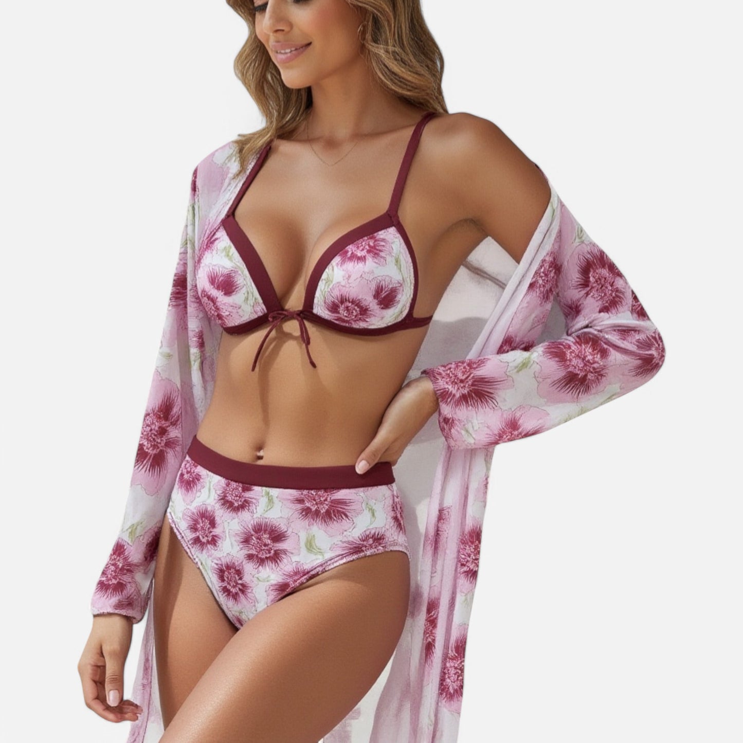 Swim Women's 3 Piece Floral Print Swimsuit Set with High Waist Bikini Bottoms Tie Front Top and Cover Up