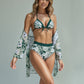 Swim Women's 3 Piece Floral Print Swimsuit Set with High Waist Bikini Bottoms Tie Front Top and Cover Up