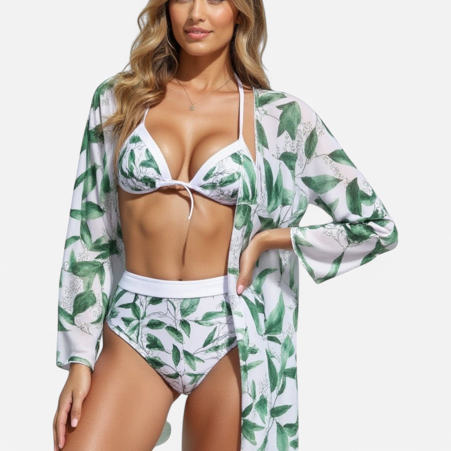 Swim Women's 3 Piece Floral Print Swimsuit Set with High Waist Bikini Bottoms Tie Front Top and Cover Up