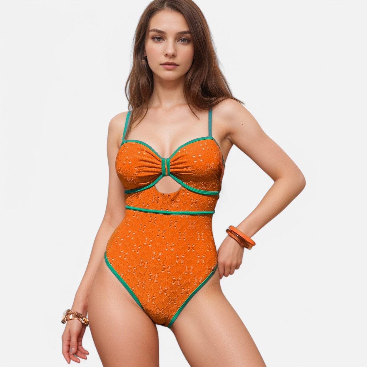 Swim Women's Eyelet Lace One Piece Swimsuit with Keyhole Cutout and Contrast Trim Detail