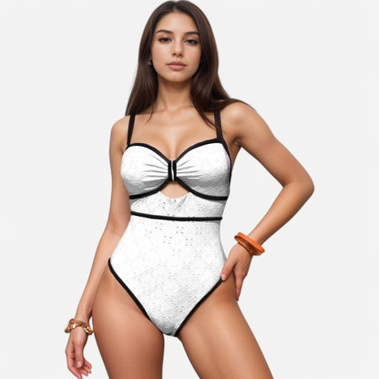 Swim Women's Eyelet Lace One Piece Swimsuit with Keyhole Cutout and Contrast Trim Detail