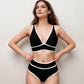 Swim Women's High Waist Bikini Set with White Contrast Piping and Wide Band Triangle Top