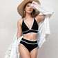 Swim Women's High Waist Bikini Set with White Contrast Piping and Wide Band Triangle Top