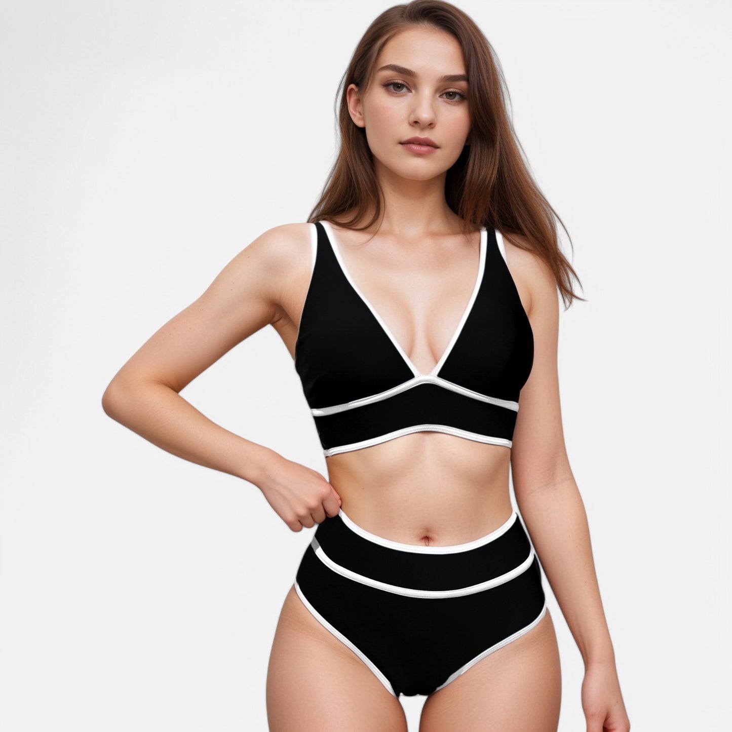 Swim Women's High Waist Bikini Set with White Contrast Piping and Wide Band Triangle Top