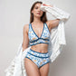 Swim Women's High Waist Bikini Set with White Contrast Piping and Wide Band Triangle Top