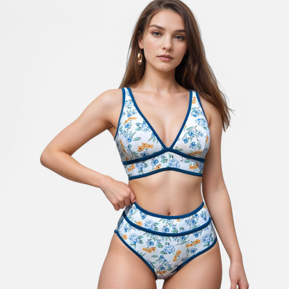 Swim Women's High Waist Bikini Set with White Contrast Piping and Wide Band Triangle Top