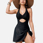 Swim Women's One Piece Halter Swimsuit with Front Cutout and Attached Wrap Skirt Detail