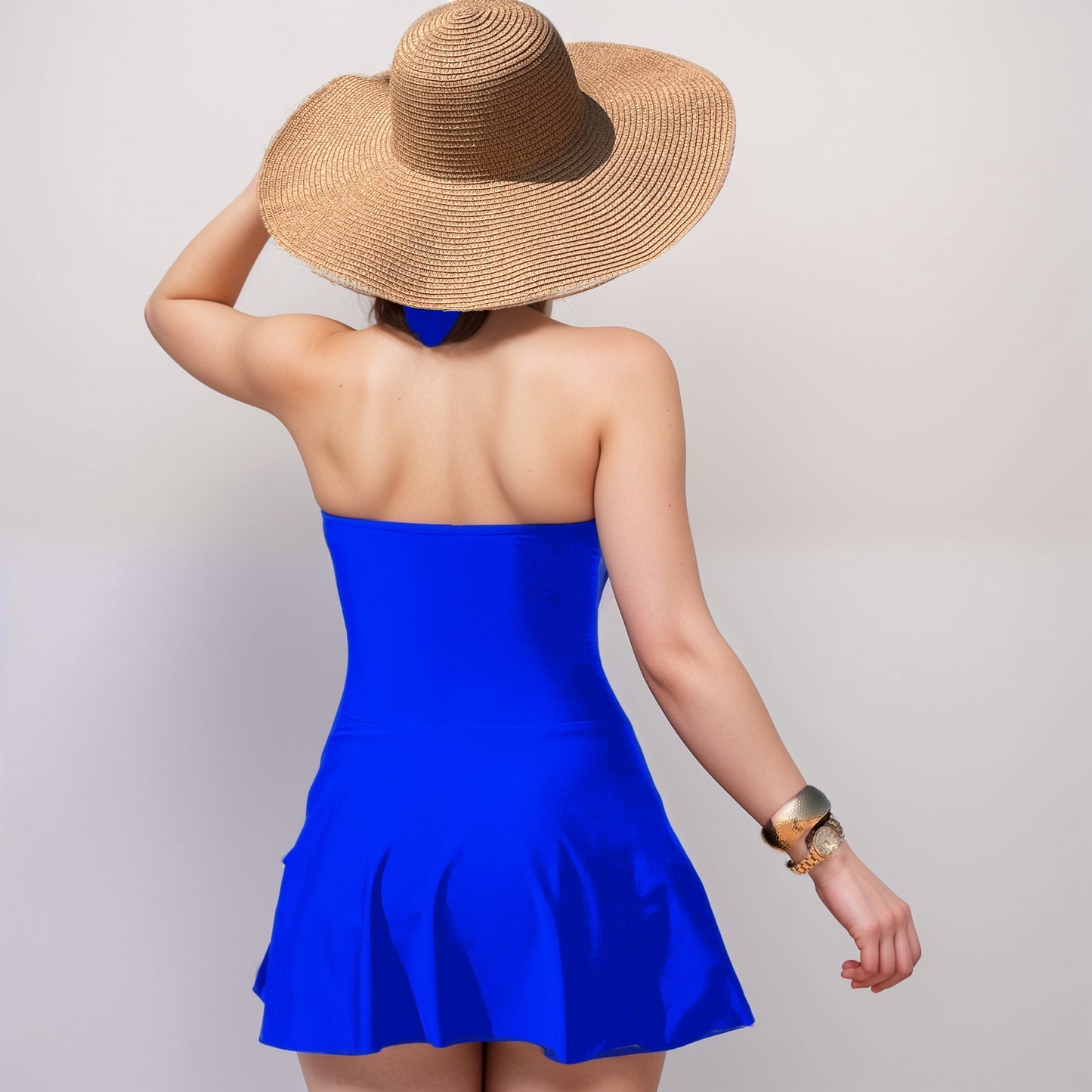 Swim Women's One Piece Halter Swimsuit with Front Cutout and Attached Wrap Skirt Detail