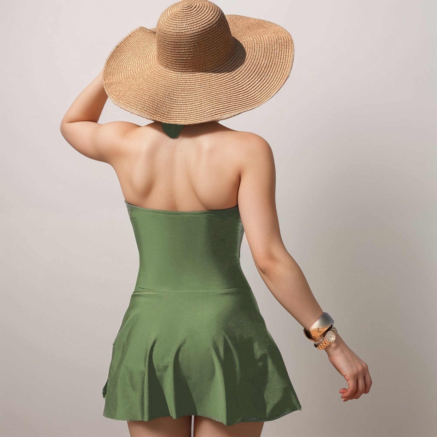 Swim Women's One Piece Halter Swimsuit with Front Cutout and Attached Wrap Skirt Detail