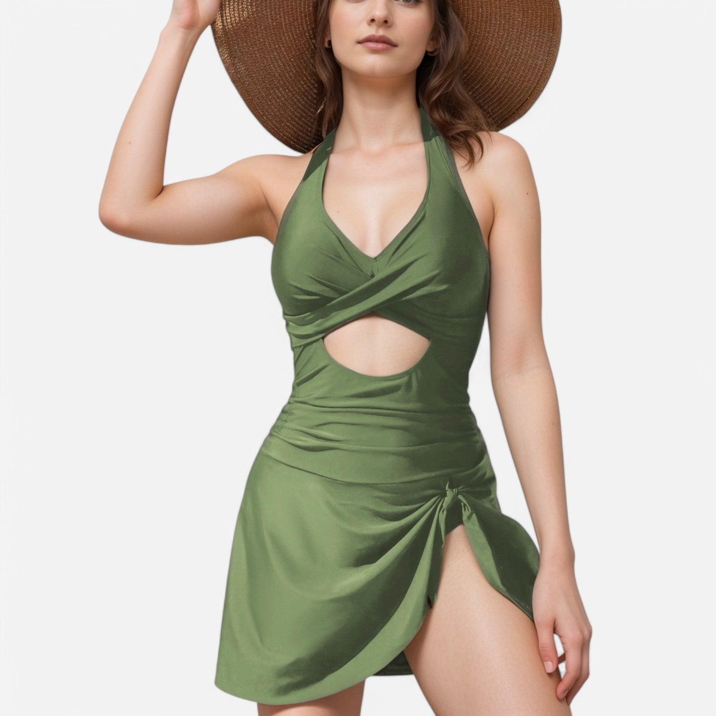 Swim Women's One Piece Halter Swimsuit with Front Cutout and Attached Wrap Skirt Detail