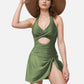 Swim Women's One Piece Halter Swimsuit with Front Cutout and Attached Wrap Skirt Detail
