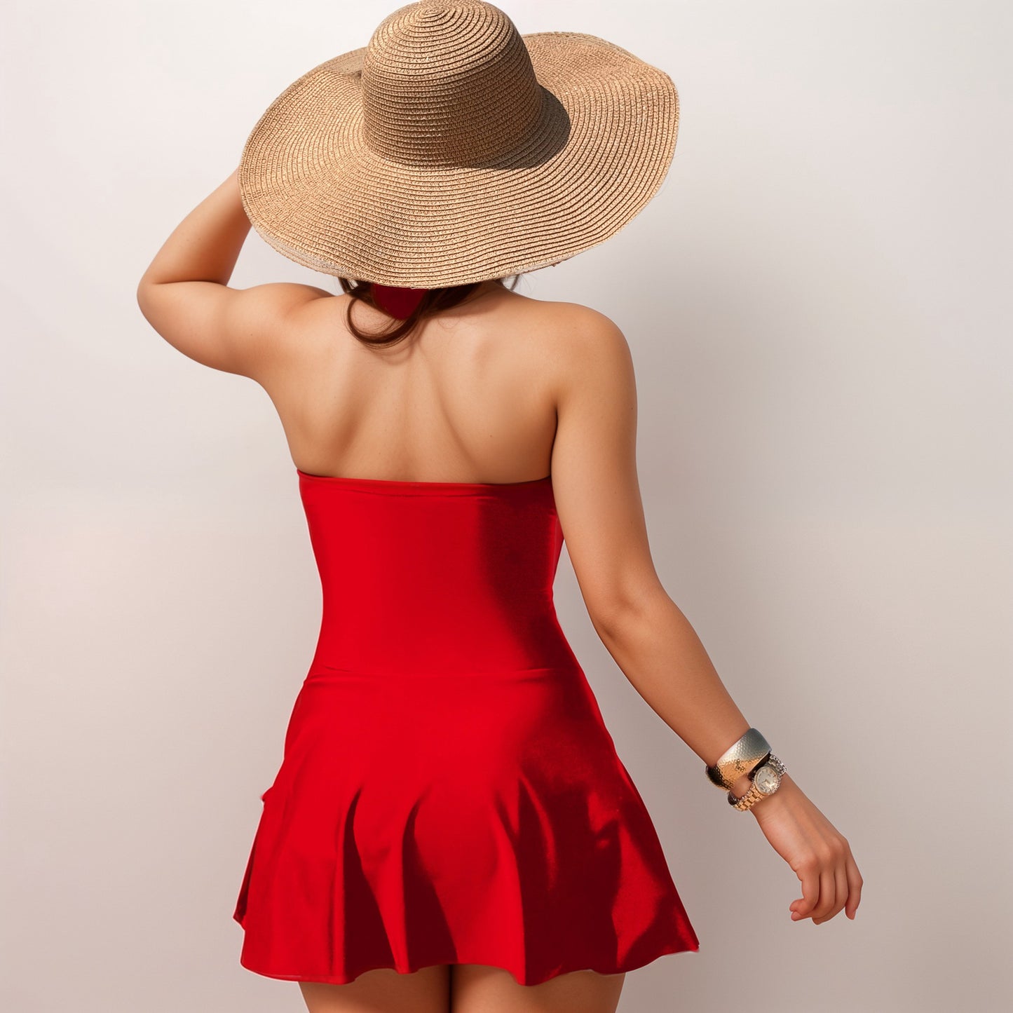 Swim Women's One Piece Halter Swimsuit with Front Cutout and Attached Wrap Skirt Detail