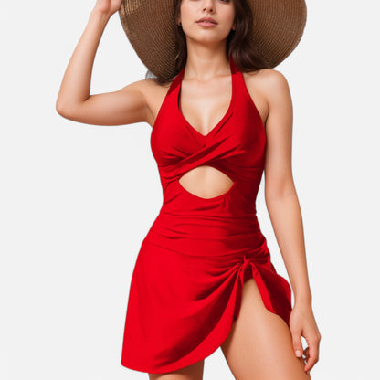 Swim Women's One Piece Halter Swimsuit with Front Cutout and Attached Wrap Skirt Detail