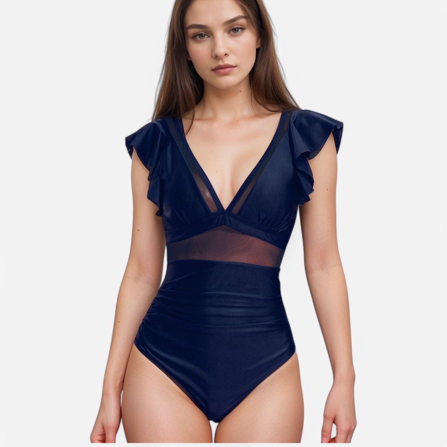 Swim Women's One Piece Swimsuit with Mesh Waist Detail and Flutter Shoulder Straps