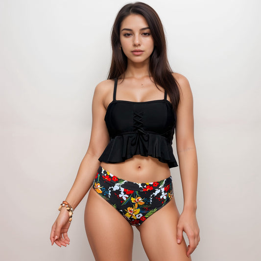 Swim Women's Two Piece Bikini Set with Lace-Up Ruffle Tankini Top and High Waist Floral Bottoms