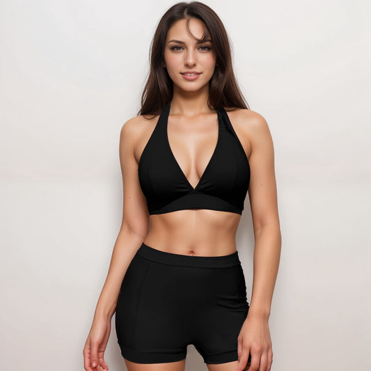 Swim Women's Two Piece Bikini Set with Halter Triangle Top and High Waist Swim Shorts Bottom