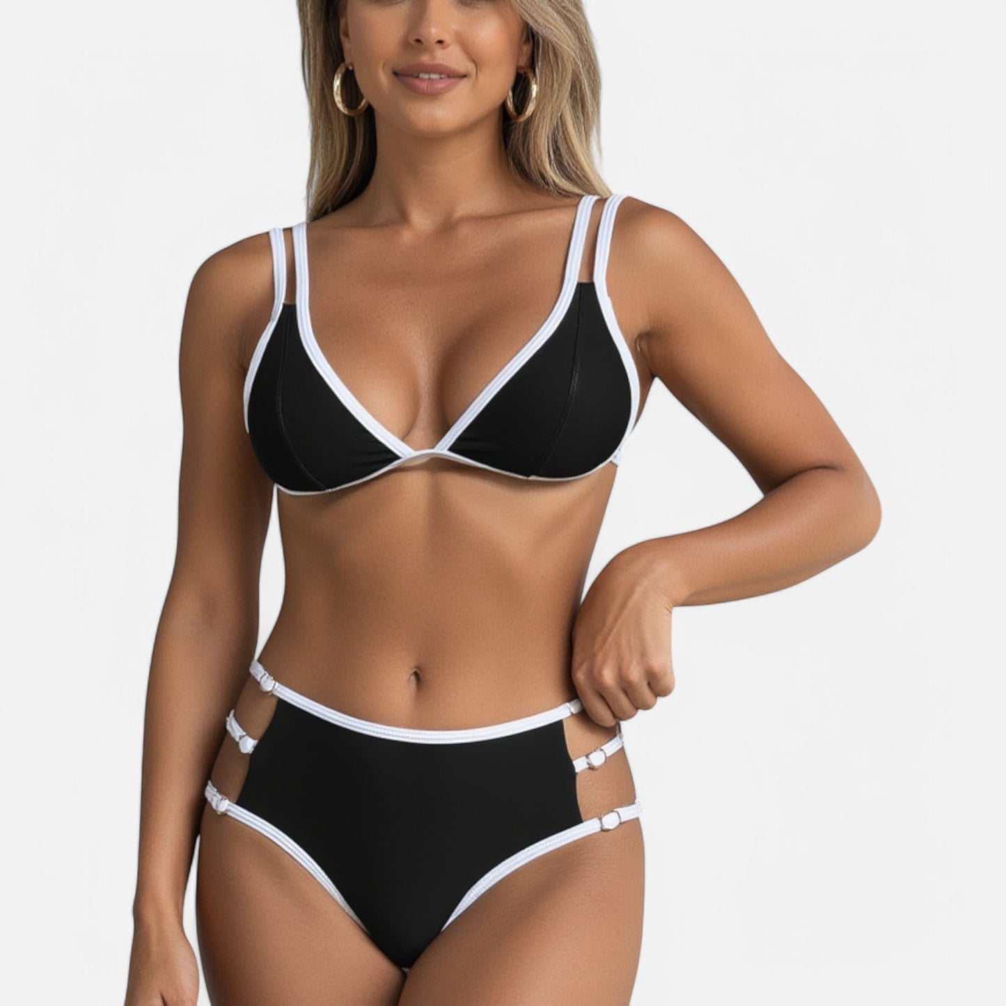 Swim Women's High Waist Bikini Set with Double Strap Triangle Top and Side Ring Strap Bottoms