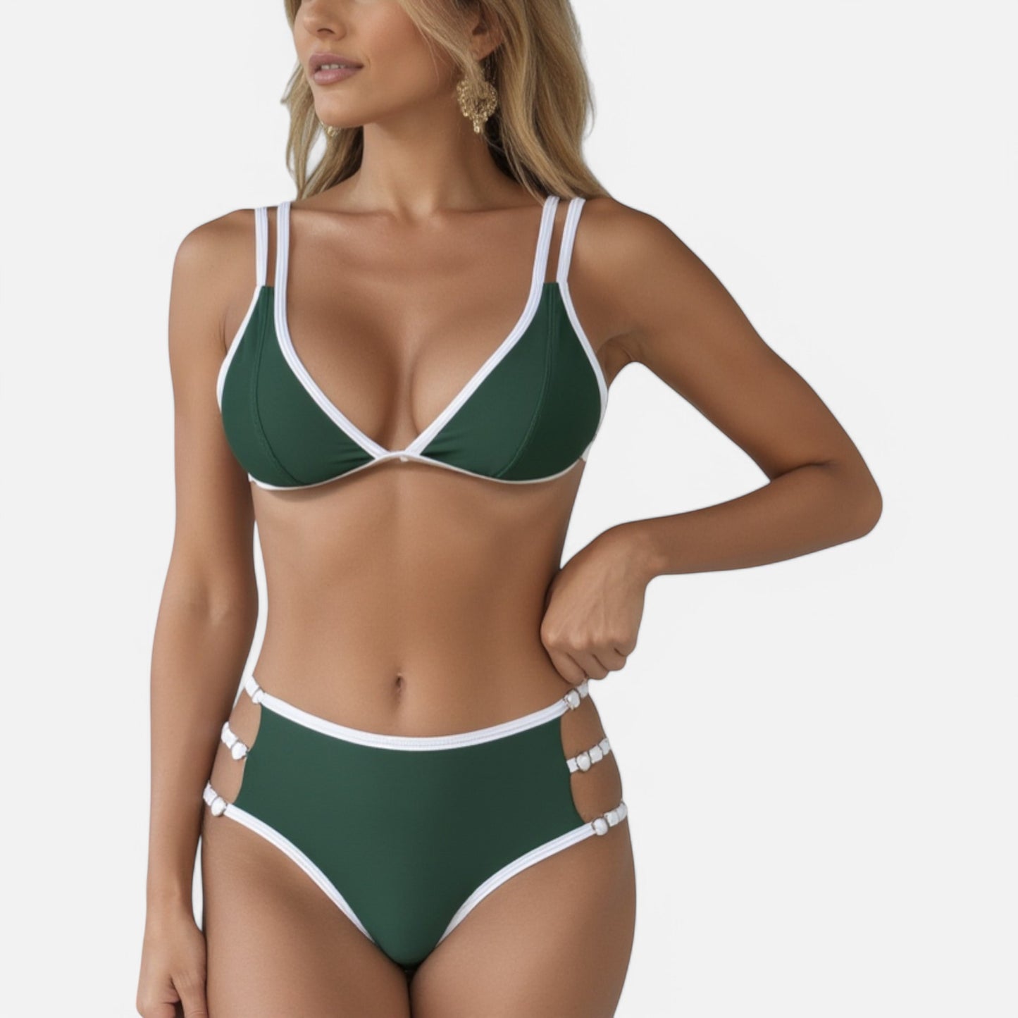 Swim Women's High Waist Bikini Set with Double Strap Triangle Top and Side Ring Strap Bottoms