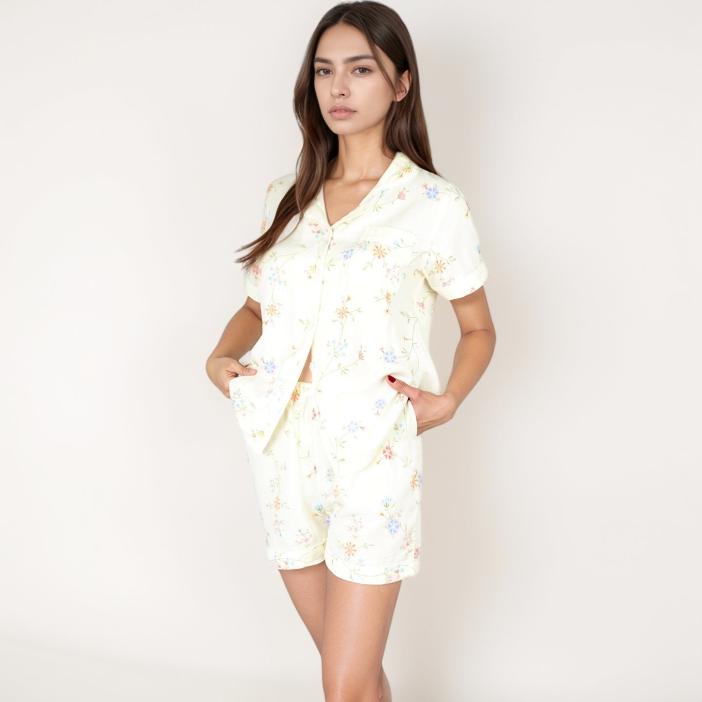 Floral Short Sleeve Button-Up Pajama Shirt and Lounge Shorts Set with Rolled Cuffs