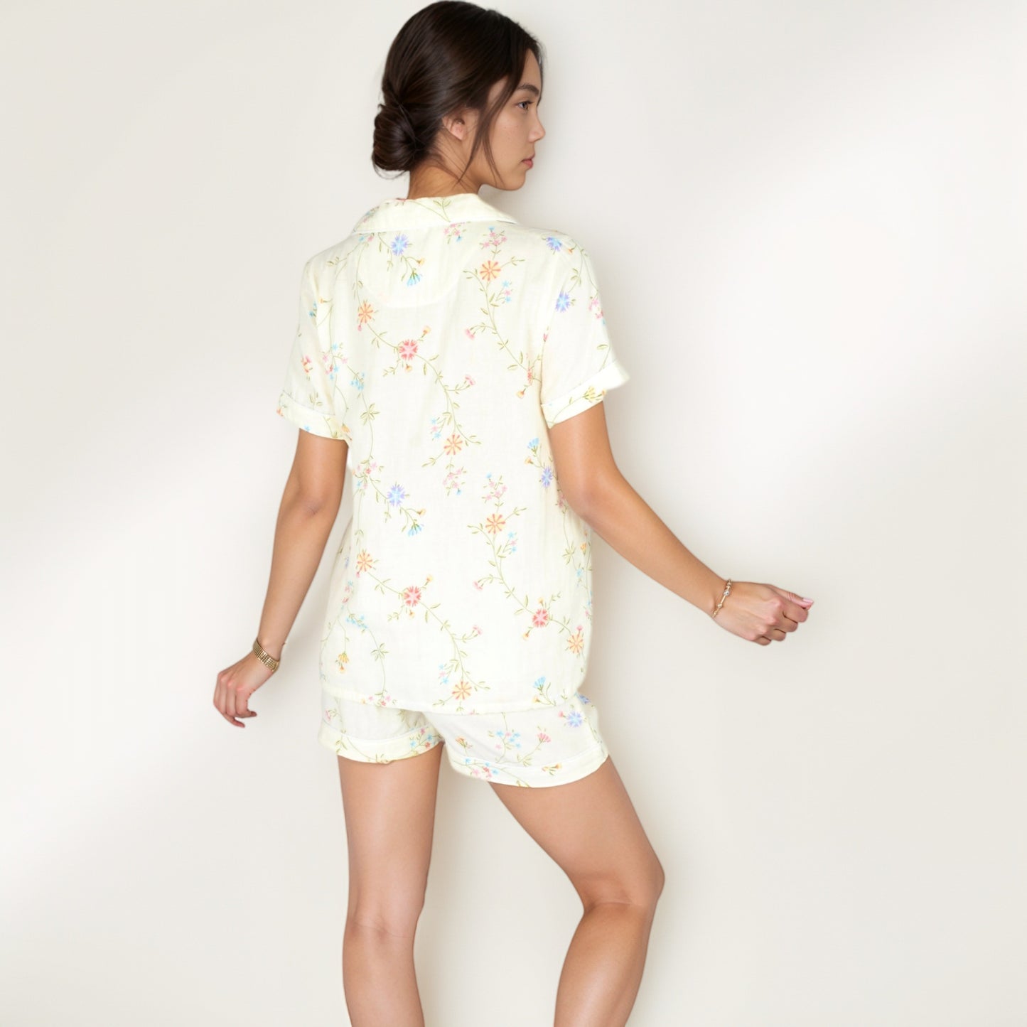 Floral Short Sleeve Button-Up Pajama Shirt and Lounge Shorts Set with Rolled Cuffs