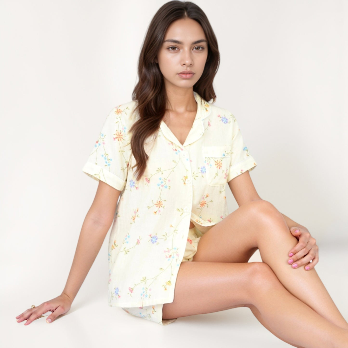 Floral Short Sleeve Button-Up Pajama Shirt and Lounge Shorts Set with Rolled Cuffs