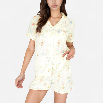 Floral Short Sleeve Button-Up Pajama Shirt and Lounge Shorts Set with Rolled Cuffs