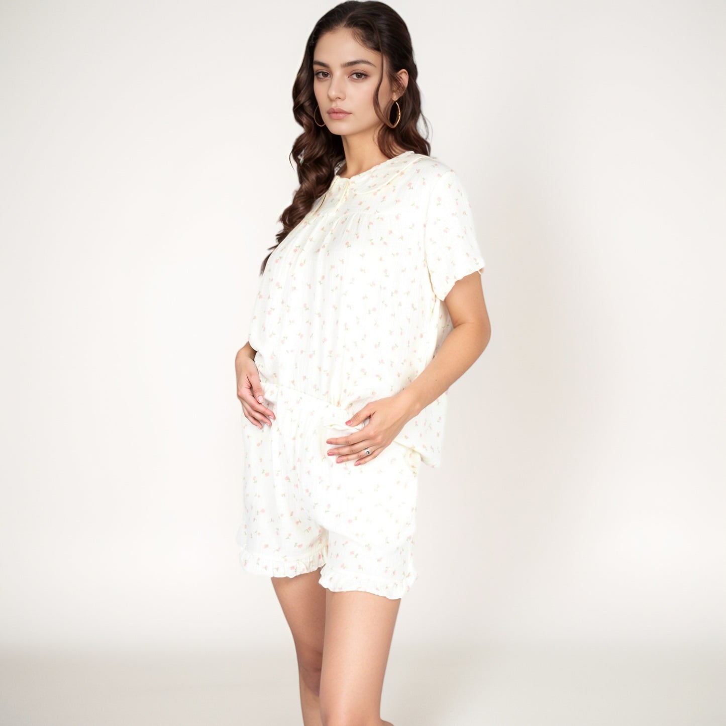 Ditsy Floral Pajama Lounge Set with Ruffle Hem Shorts and Short Sleeve Pintuck Top