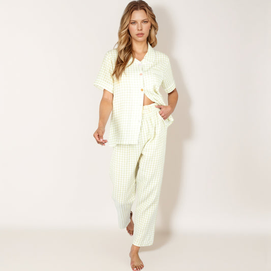 Gingham Print Two-Piece Pajama Set with Short Sleeve Button Top and Relaxed Fit Pants